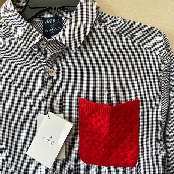 MONSIEUR LACENAIRE Saddle Sleeves Knit Pocket Gingham Button Down Shirt - Picture 1 of 6